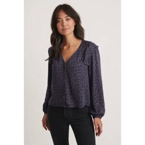 Marine Layer Rory Long Sleeve Ruffle‎ Blouse Cheetah Size Small Blue